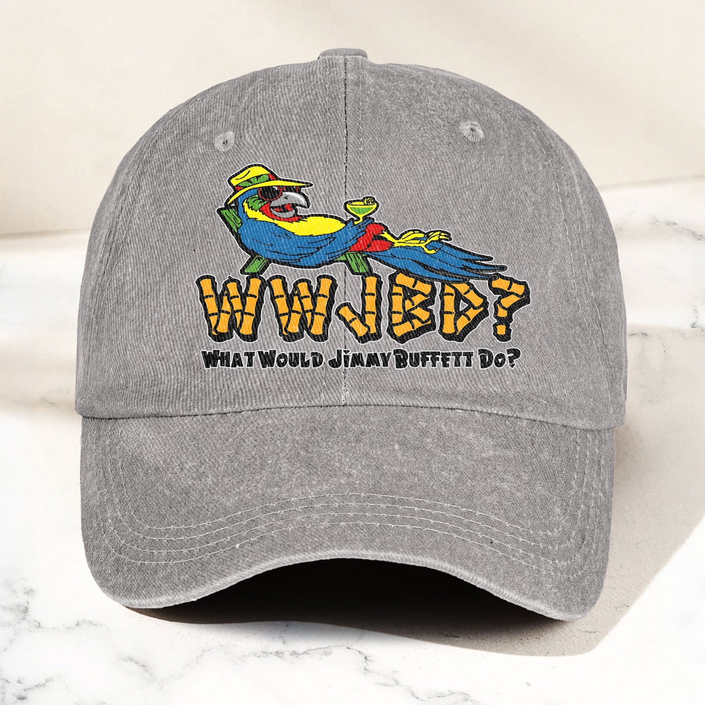 What Would Jimmy Buffett Do Denim Cap – Retro Jimmy Buffett Merch Dad Hat (With Box)