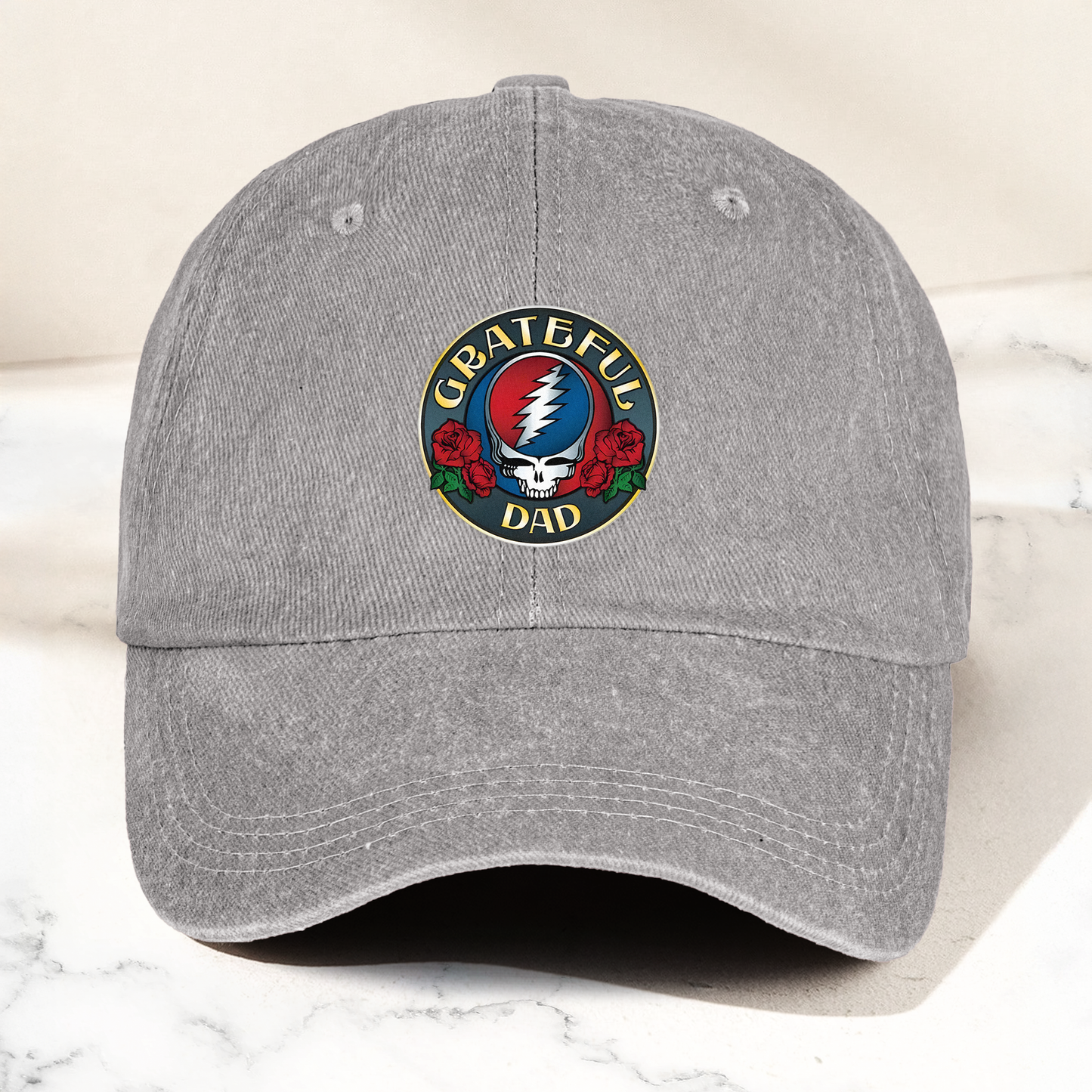 Grateful Dead Denim Cap – “Grateful Dad” Skull & Roses Dad Hat ( With Box)