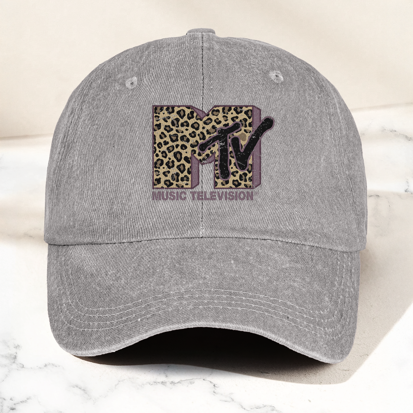 MTV Pink Leopard Logo Cap – Vintage Washed Hat, Retro Music Television Aesthetic Streetwear Hat (With Box)