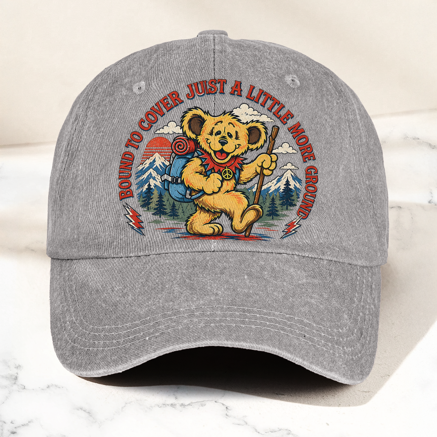 Grateful Dead Truckin Bound To Cover Just A Little More Ground Hiking Bear Denim Cap – Retro Vintage Dad Cap Gift For Dad (With Box)