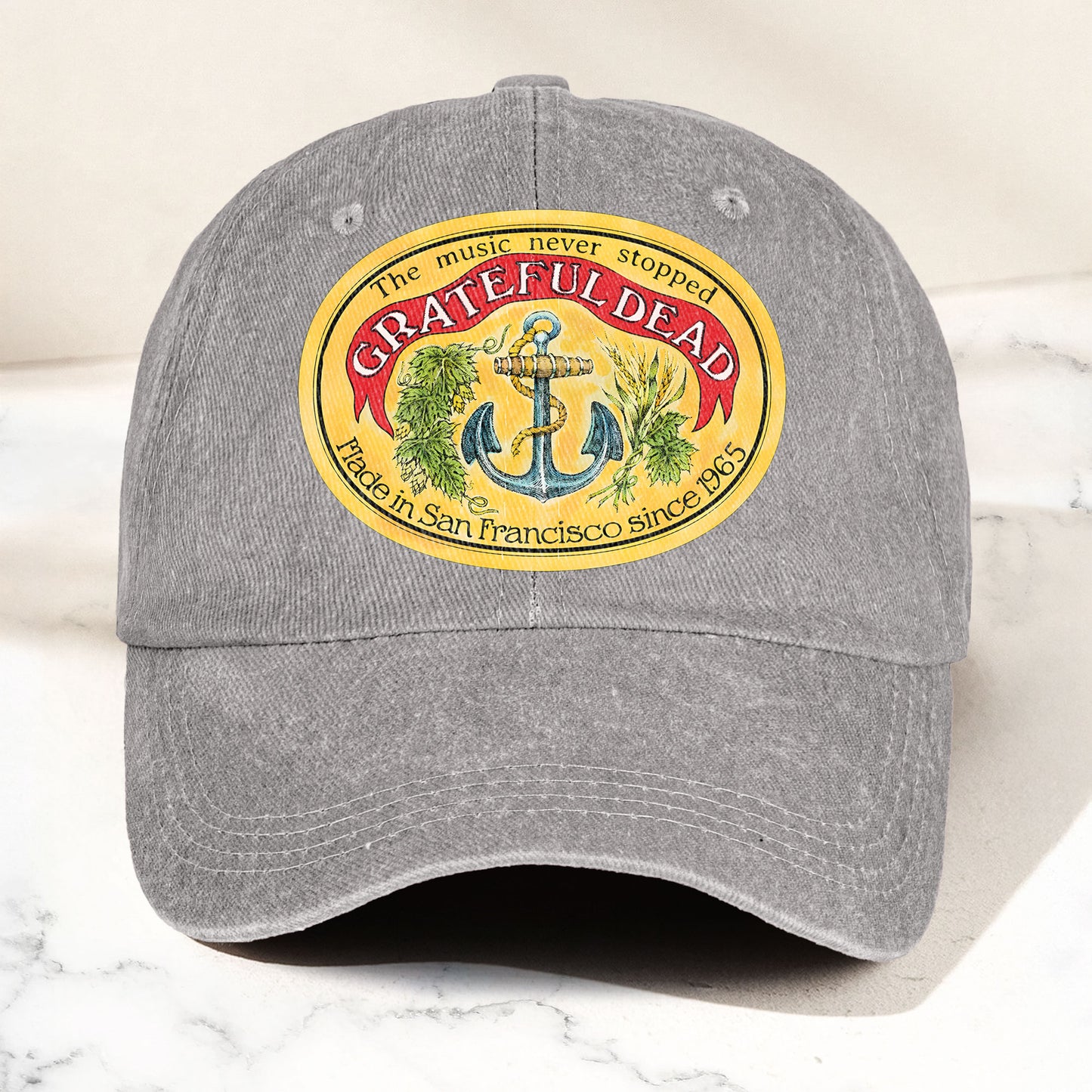 The Music Never Stopped Denim Cap – Grateful Dead Tribute Merch Dad Hat (With Box)