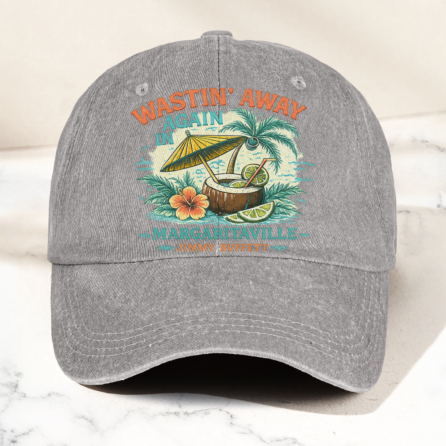 Jimmy Buffett Margaritaville Wastin Away Again Tropical Cocktail Beach Denim Cap – Retro Vintage Dad Cap Gift For Dad (With Box)