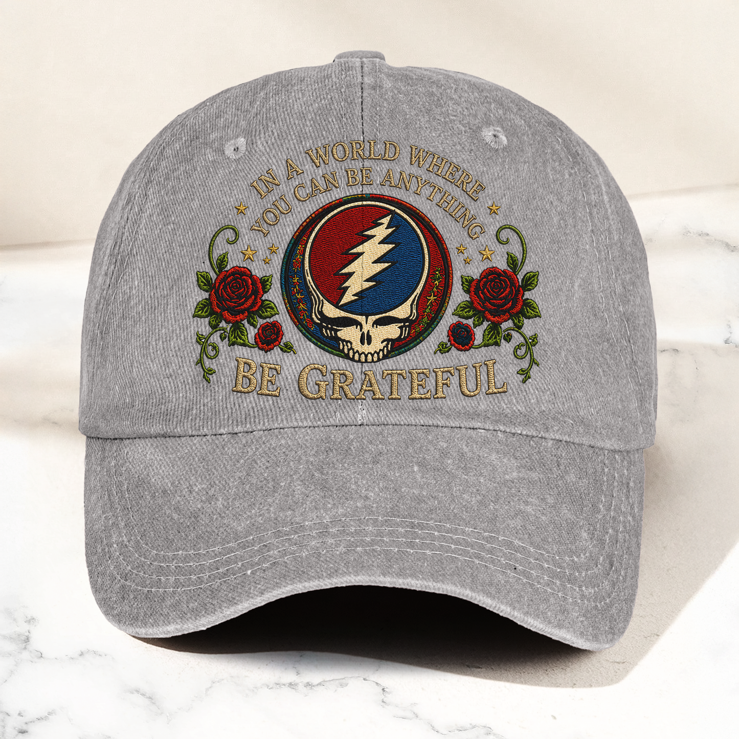 Grateful Dead Be Grateful Steal Your Face Lightning Skull Denim Cap – Retro Vintage Dad Cap Gift For Dad (With Box)