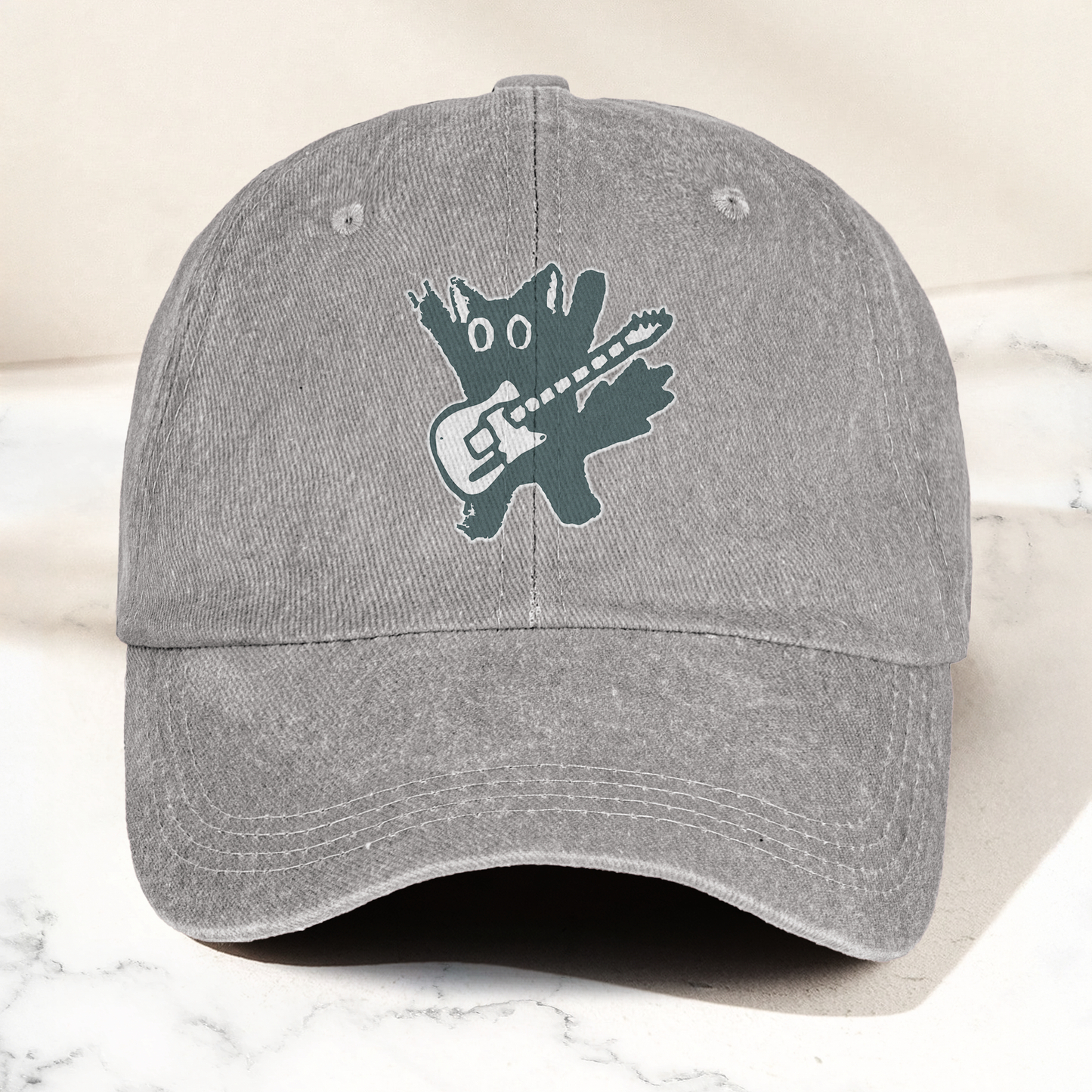 Rockstar Cat Artwork Vintage Denim Cap – Retro The Cure Band Merch Gift for Dad (With Box)