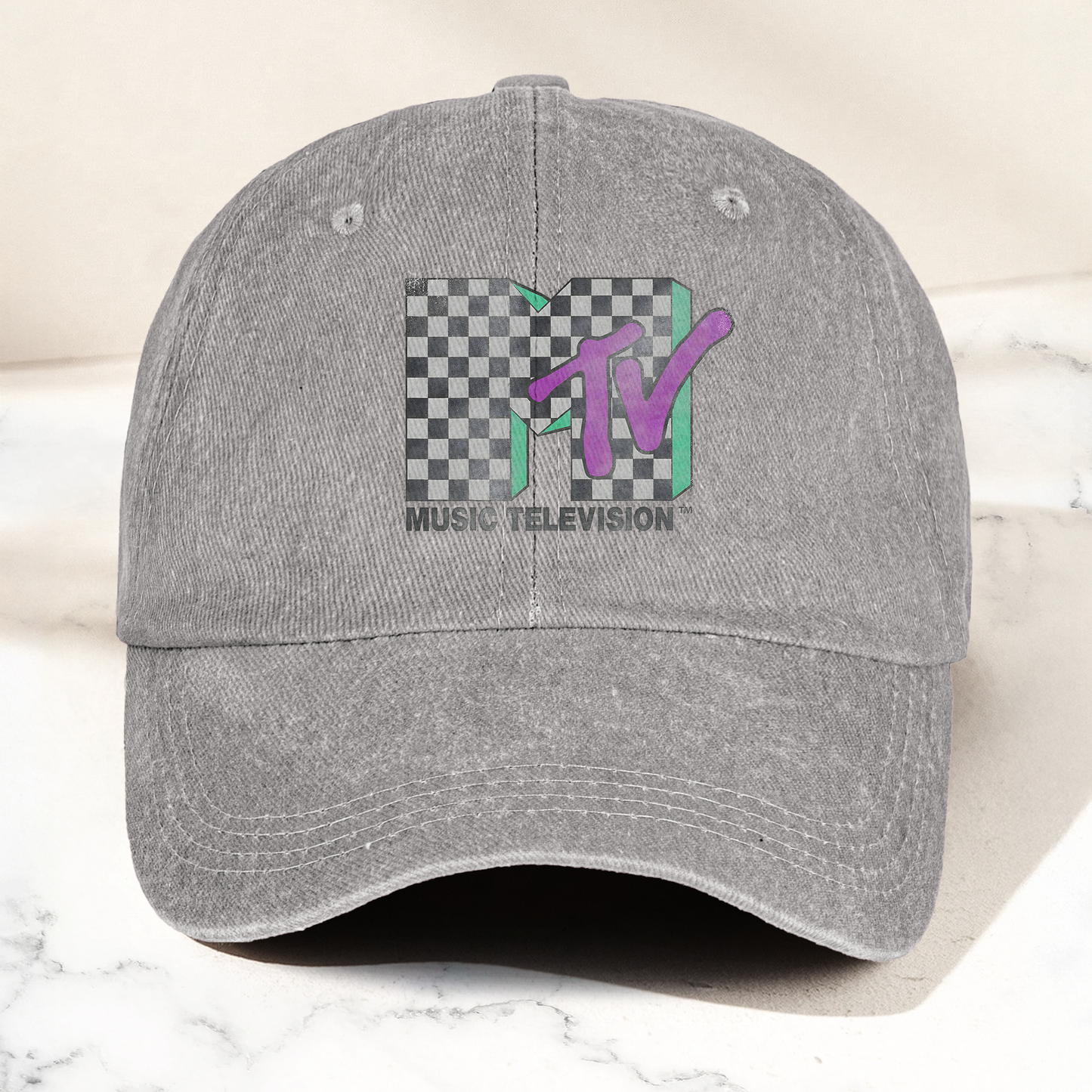 MTV Checkerboard Logo Cap – Vintage Washed Hat, Retro 80s Music Television Streetwear Hat (With Box)