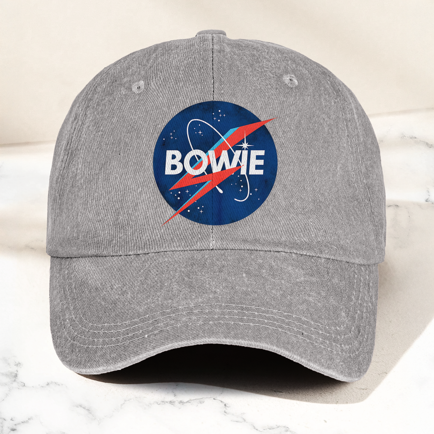 David Bowie NASA Lightning Bolt Logo Denim Cap – Retro Punk Rock Music Fan Cap Gift For Dad (With Box)