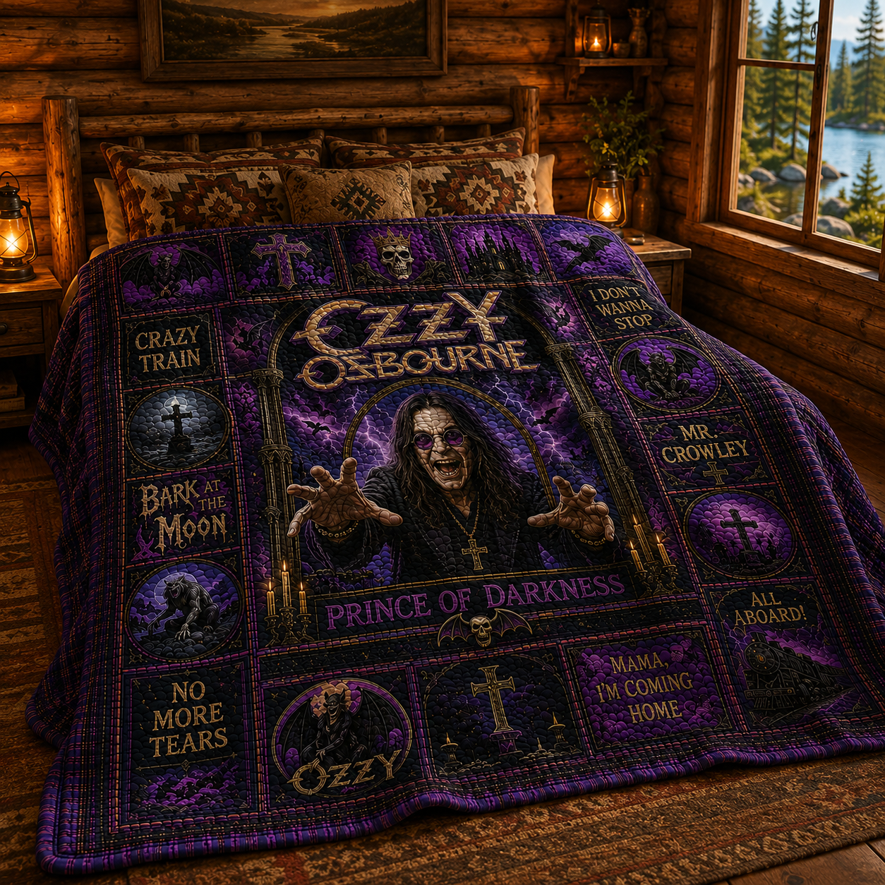 Ozzy Osbourne Quilt Blanket – Prince of Darkness Sherpa Throw, Vintage Heavy Metal Patchwork Blanket, Gothic Rock Fan Gift