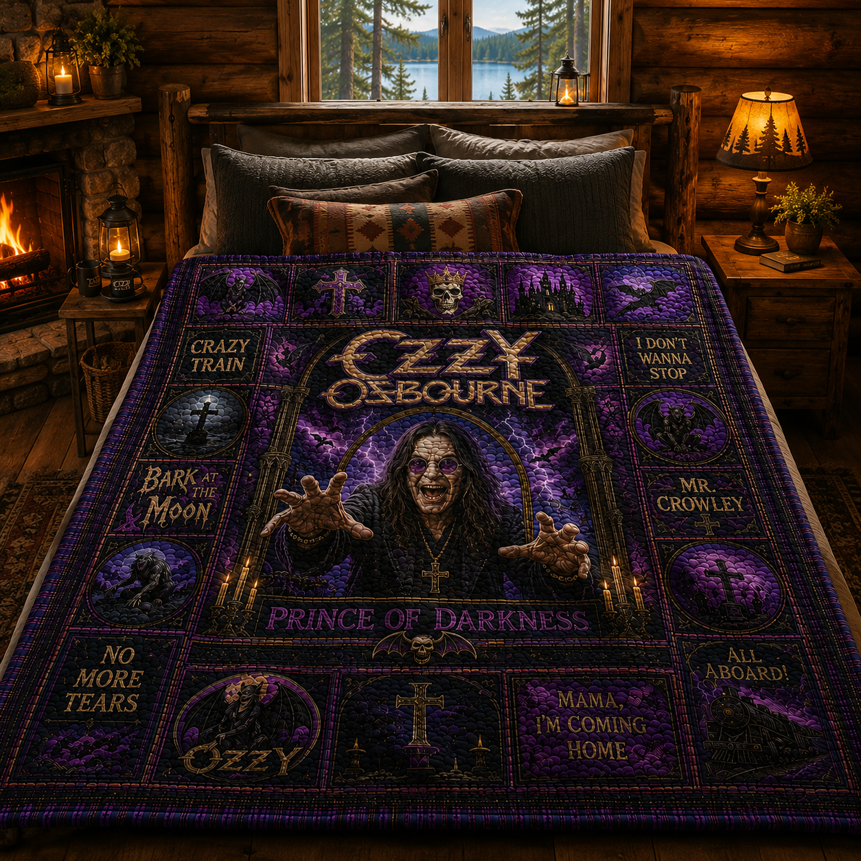 Ozzy Osbourne Quilt Blanket – Prince of Darkness Sherpa Throw, Vintage Heavy Metal Patchwork Blanket, Gothic Rock Fan Gift