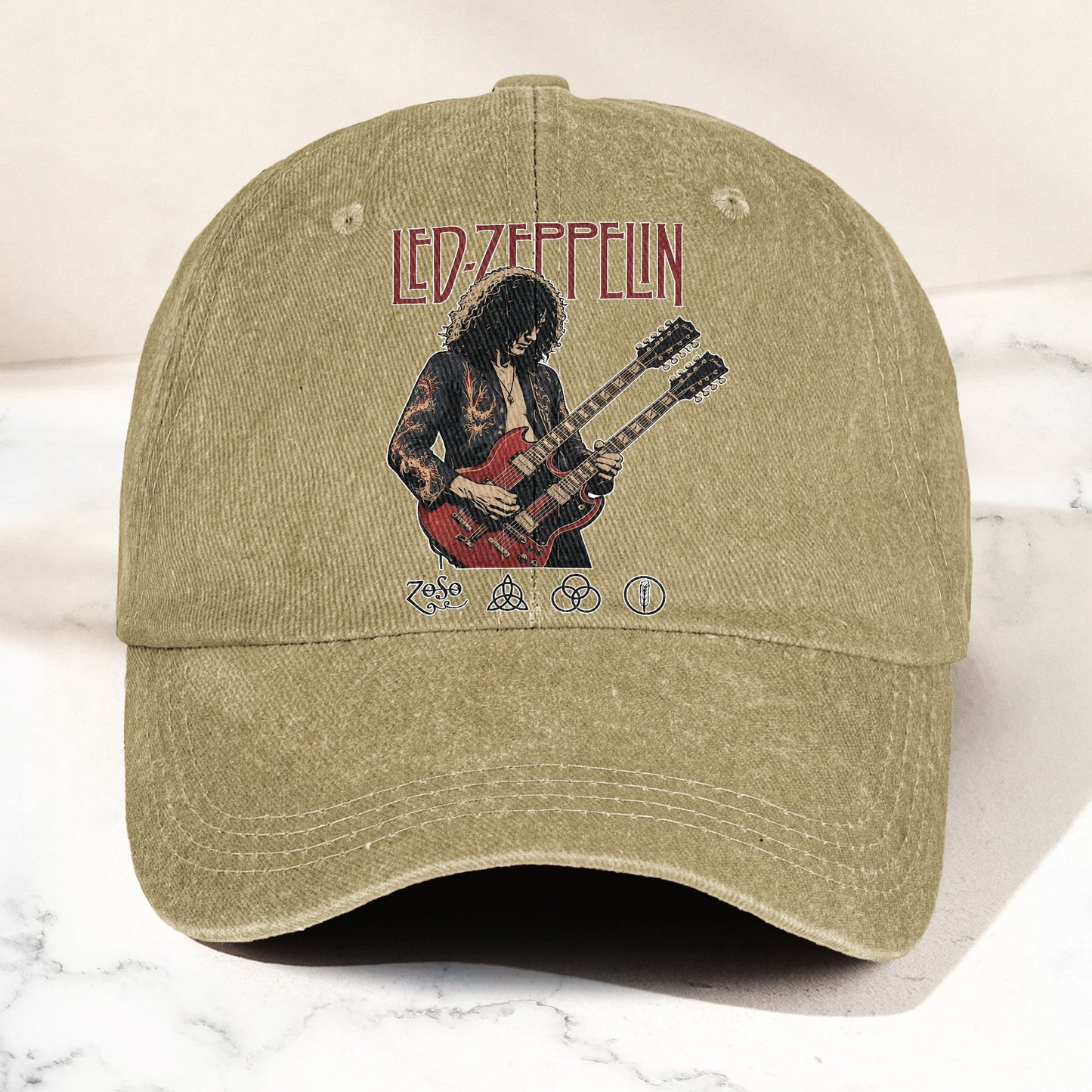 Led Zeppelin Jimmy Page Double Neck Guitar Zoso Music Merch Denim Cap – Retro Vintage Dad Cap Gift For Dad (With Box)