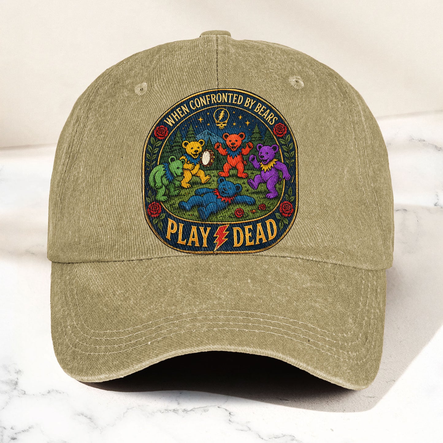 Grateful Dead When Confronted By Bears Dancing Bears Denim Cap – Retro Vintage Dad Cap Gift For Dad (With Box)