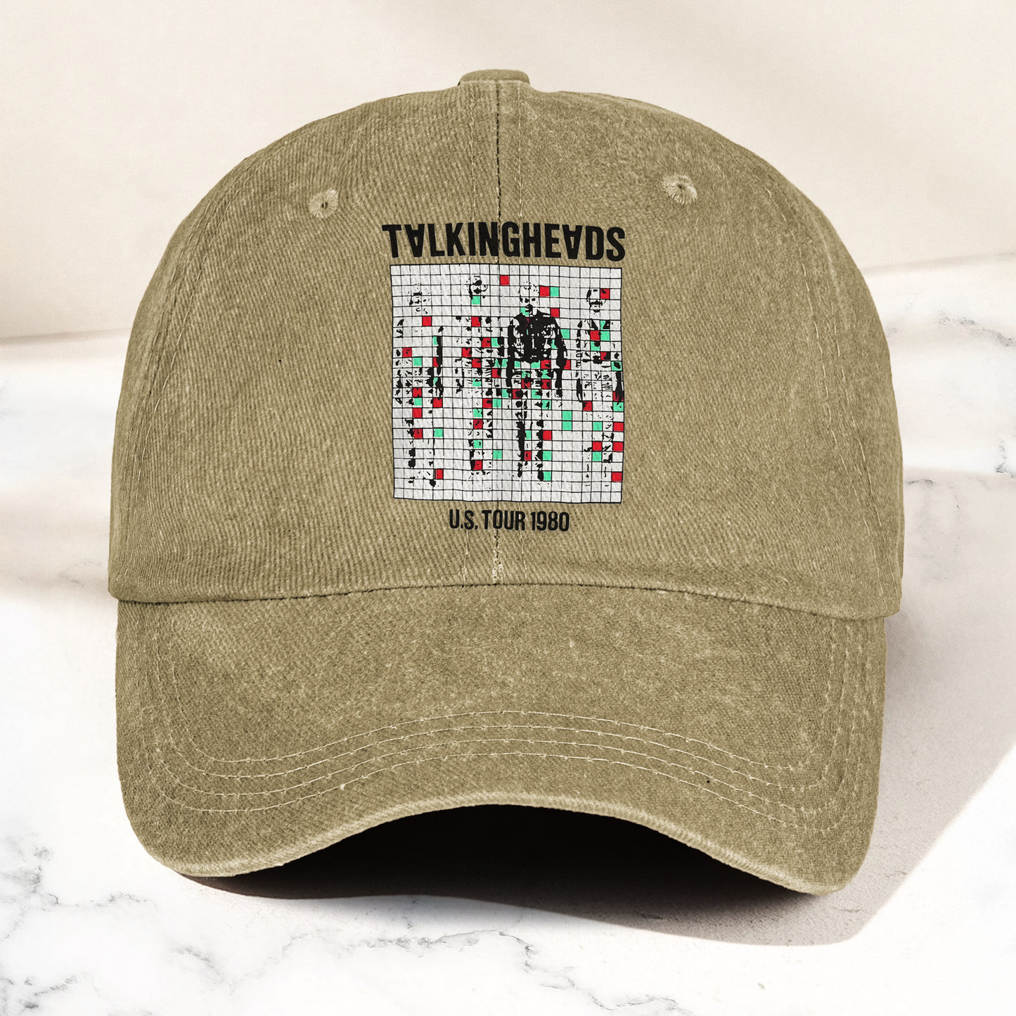 Talking Heads US Tour 1980 Cap – Vintage Washed Black Denim Dad Hat, Glitch Graphic Retro Band Hat (With Box)