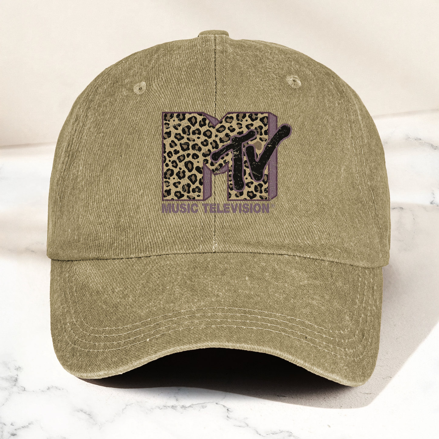 MTV Pink Leopard Logo Cap – Vintage Washed Hat, Retro Music Television Aesthetic Streetwear Hat (With Box)