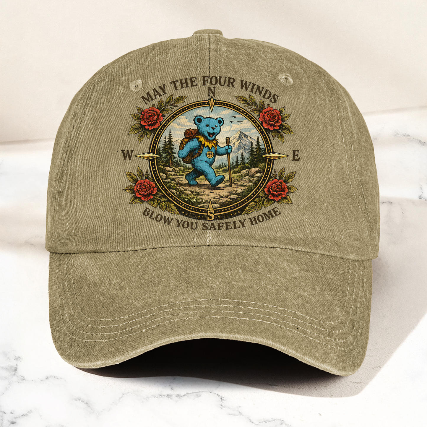 Grateful Dead Franklin's Tower May The Four Winds Blow You Safely Home Blue Dancing Bear Hiking Denim Cap – Retro Vintage Dad Cap Gift For Dad (With Box)