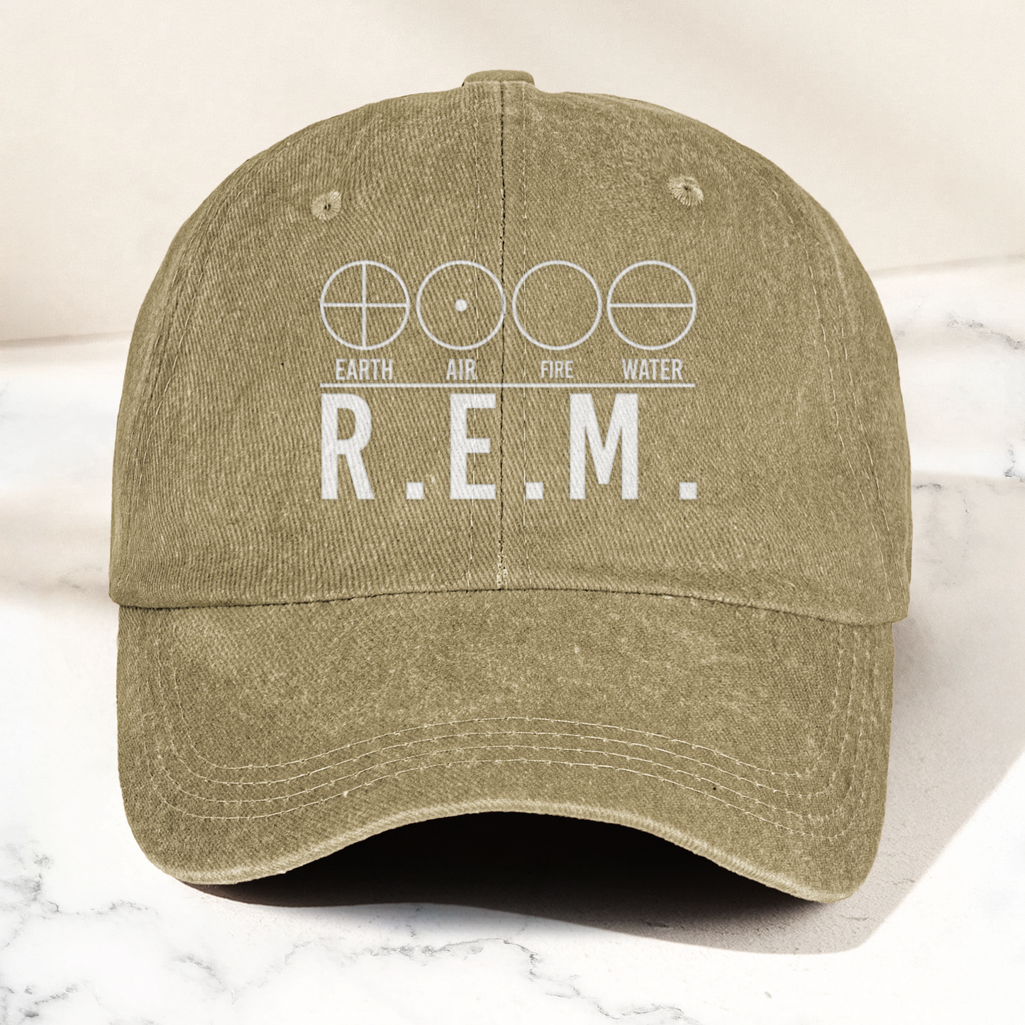 R.E.M Elements Logo Cap – Vintage Washed Black Denim Dad Hat, Earth Air Fire Water Minimalist Band Hat (With Box)