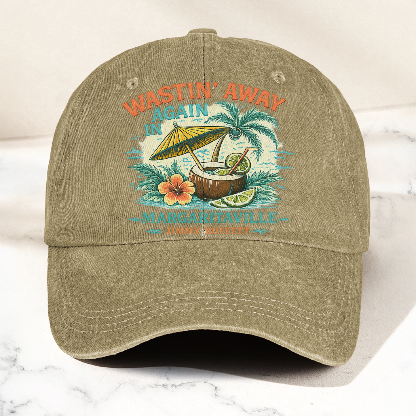 Jimmy Buffett Margaritaville Wastin Away Again Tropical Cocktail Beach Denim Cap – Retro Vintage Dad Cap Gift For Dad (With Box)