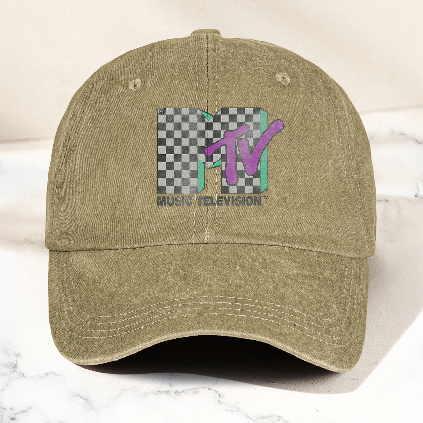 MTV Checkerboard Logo Cap – Vintage Washed Hat, Retro 80s Music Television Streetwear Hat (With Box)
