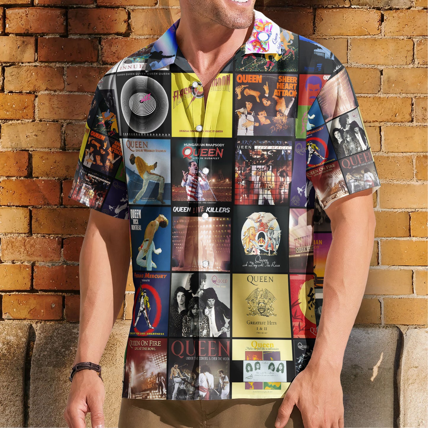 Queen Hawaiian Shirt – Album Cover Collage Classic Rock Summer Button Up