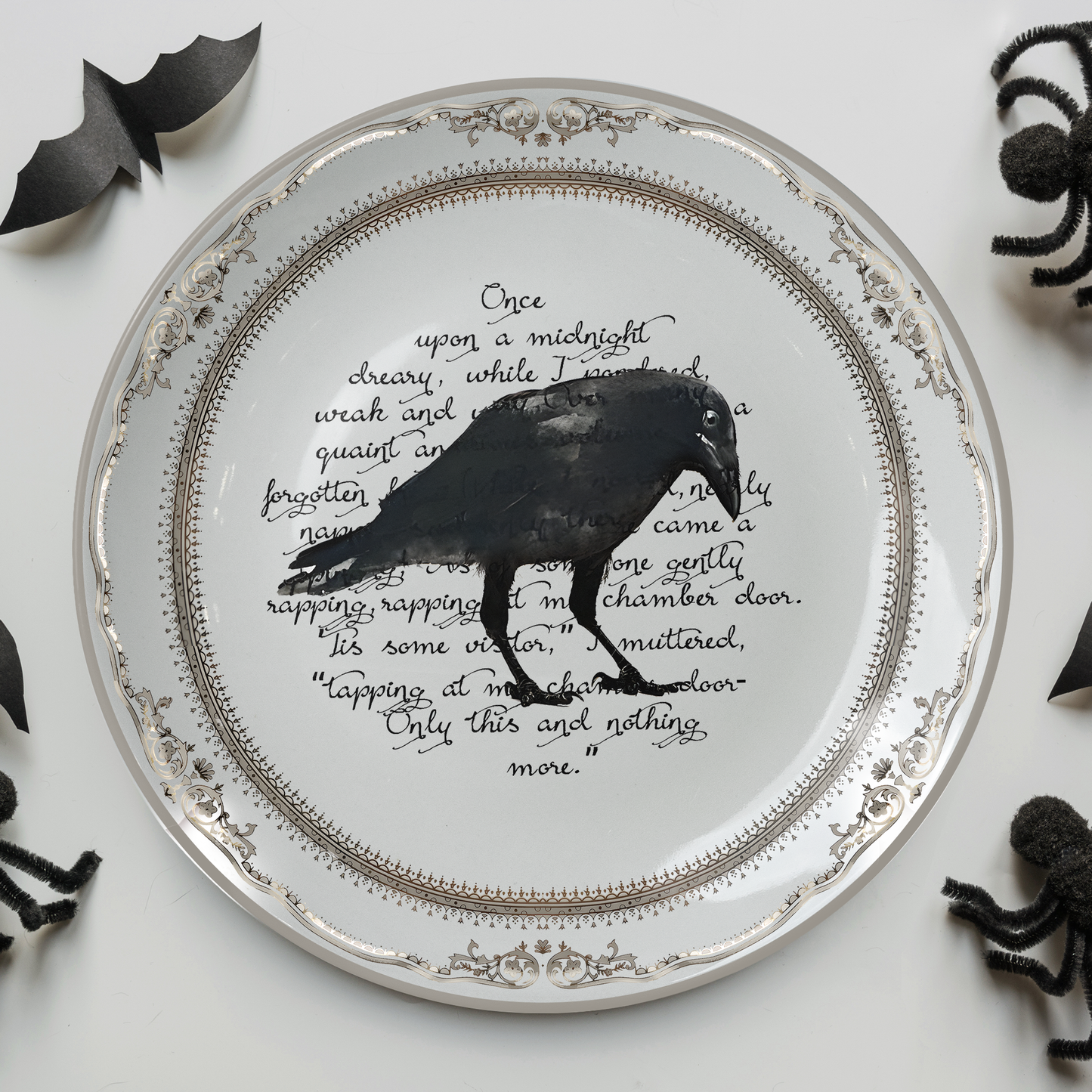 Edgar Allan Poe Raven Ceramic Plate – Midnight Gothic Poetry Décor