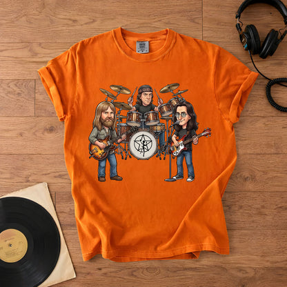 Rush Inspired Caricature Comfort Tee – Vintage Progressive Rock Band Shirt, Funny Music Fan Gift, Classic Rock T-Shirt