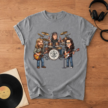 Rush Inspired Caricature Comfort Tee – Vintage Progressive Rock Band Shirt, Funny Music Fan Gift, Classic Rock T-Shirt