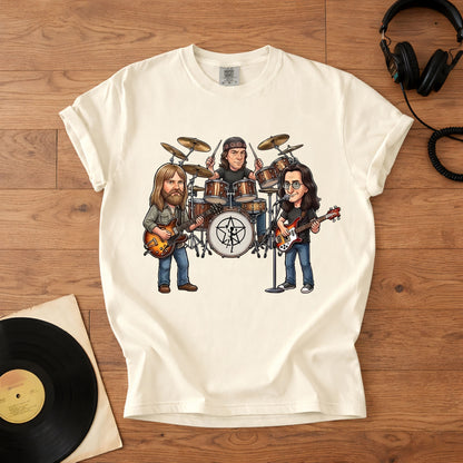 Rush Inspired Caricature Comfort Tee – Vintage Progressive Rock Band Shirt, Funny Music Fan Gift, Classic Rock T-Shirt