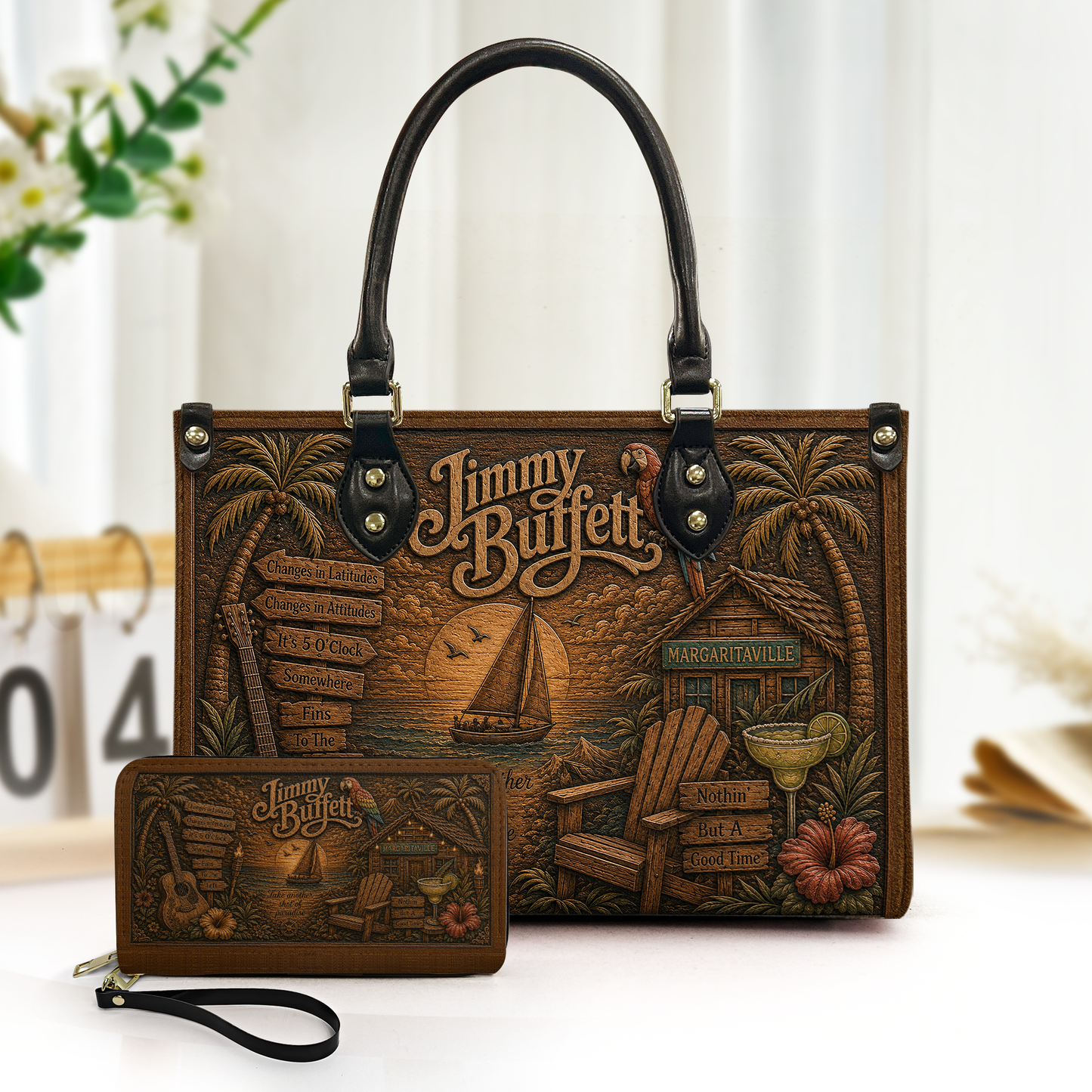 Jimmy Buffett Leather Handbag, Leather Tote Bag, Leather Wallet Set -  Fan Gift, Luxury Rock Music Accessories