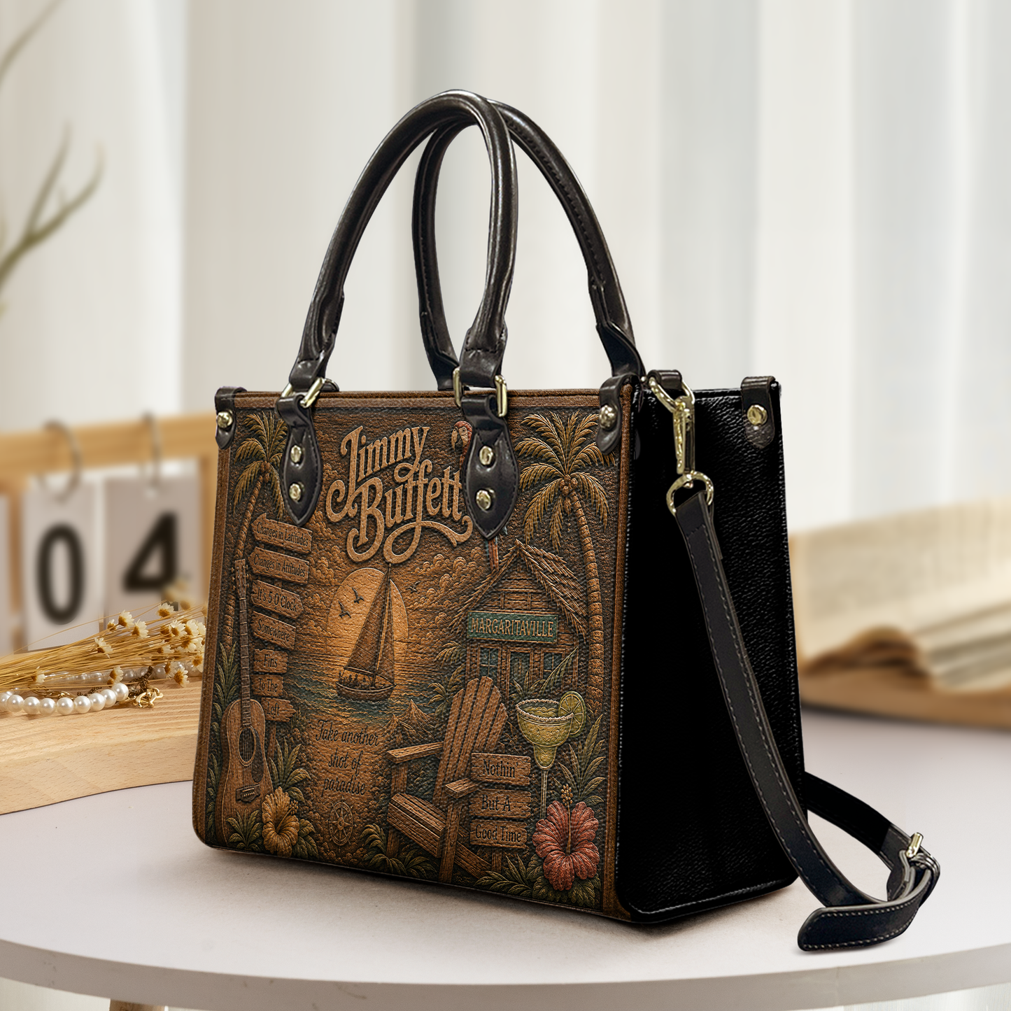 Jimmy Buffett Leather Handbag, Leather Tote Bag, Leather Wallet Set -  Fan Gift, Luxury Rock Music Accessories
