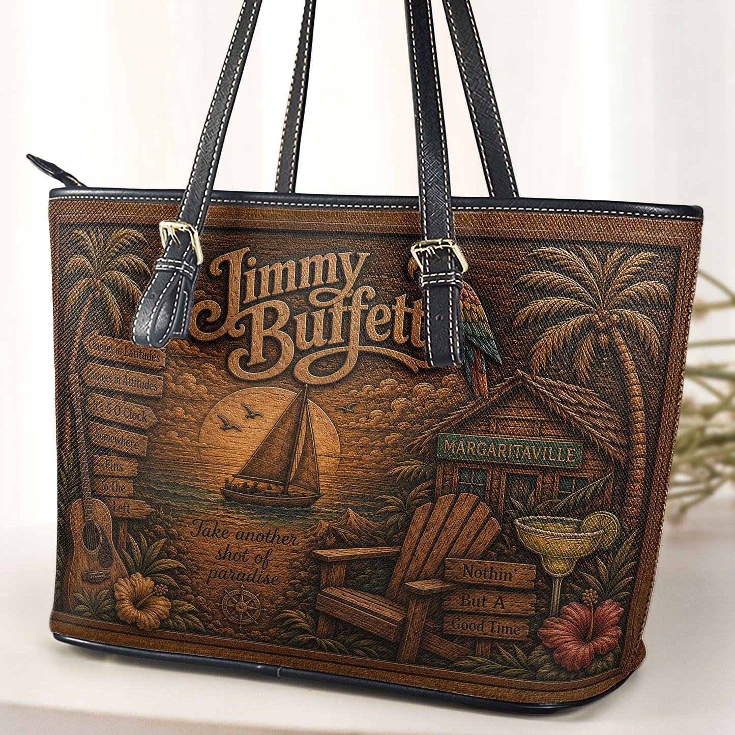Jimmy Buffett Leather Handbag, Leather Tote Bag, Leather Wallet Set -  Fan Gift, Luxury Rock Music Accessories