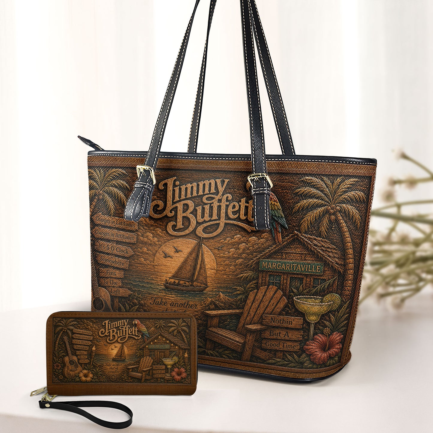 Jimmy Buffett Leather Handbag, Leather Tote Bag, Leather Wallet Set -  Fan Gift, Luxury Rock Music Accessories