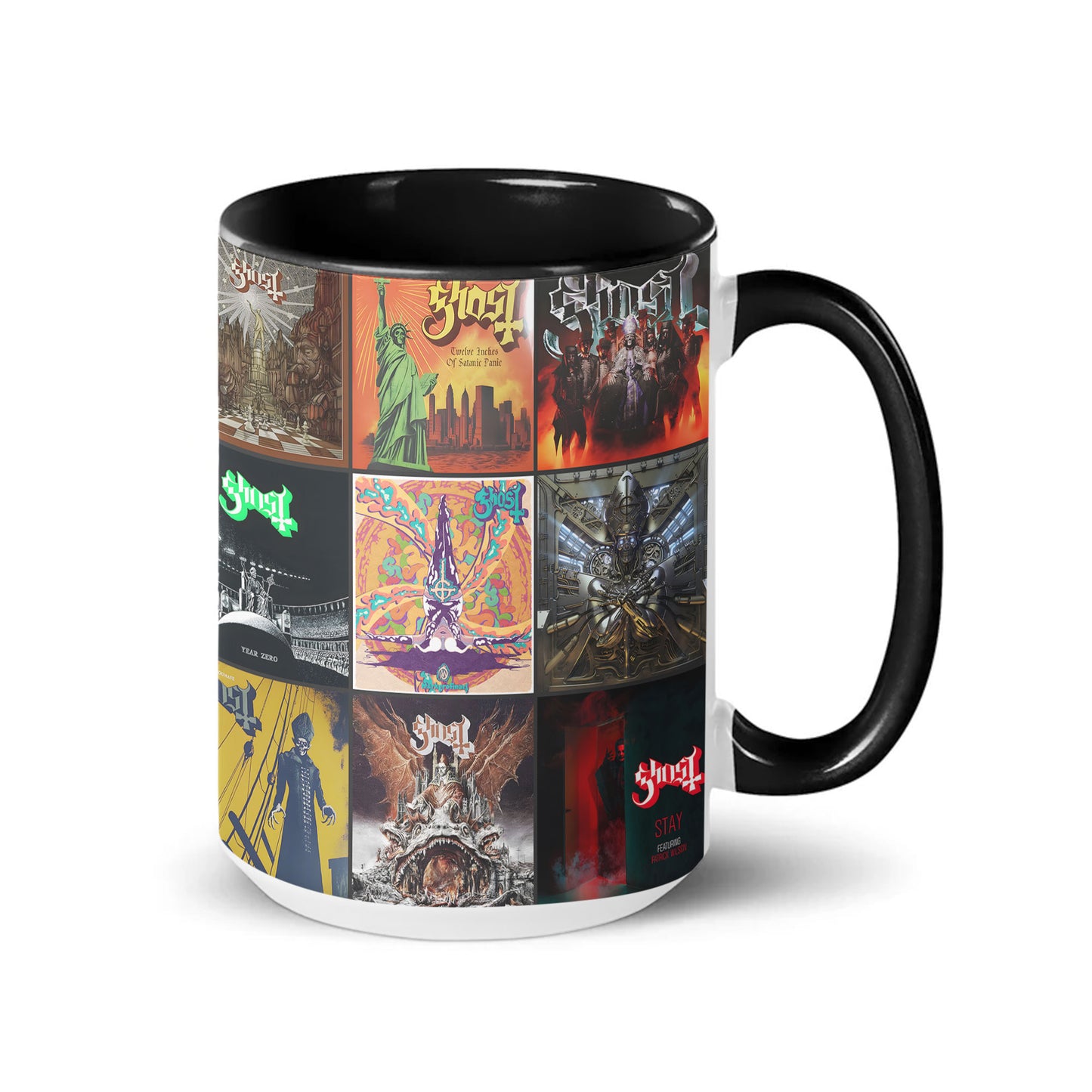 Ghost Band Accent Mug – Classic Album Cover Collage Gift for Metal Music Fans