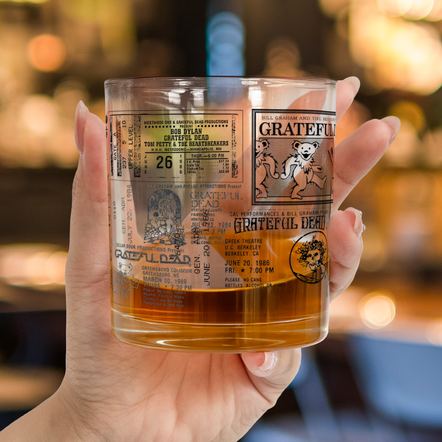 Grateful Dead Tickets Collection Printed Effect Whiskey Glass –  Vintage Design (With Gift Box)