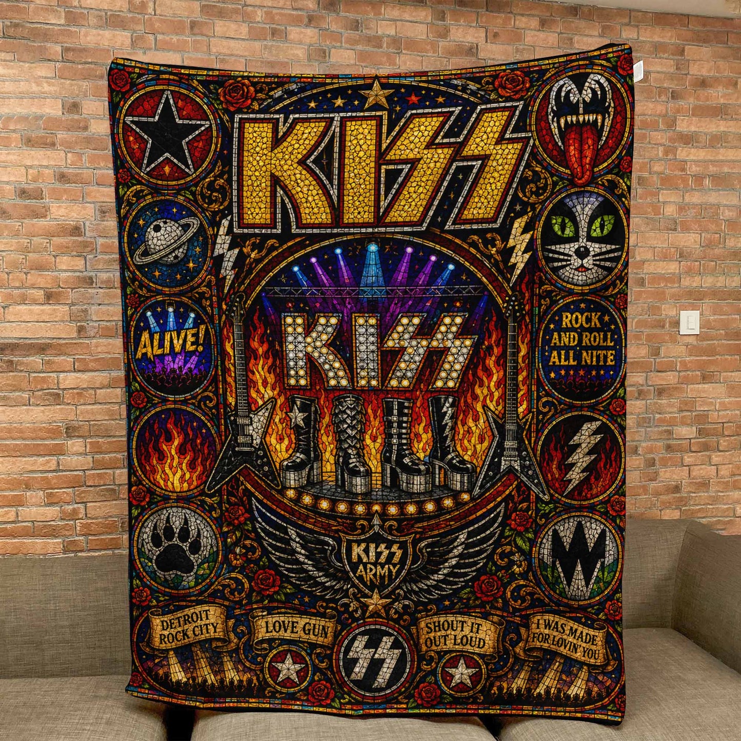 KISS Band Sherpa Blanket – Detroit Rock City Stained Glass Blanket