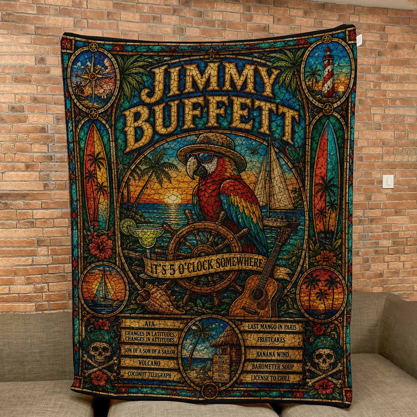 Jimmy Buffett Sherpa Blanket – Margaritaville Stained Glass Tropical Coastal Blanket