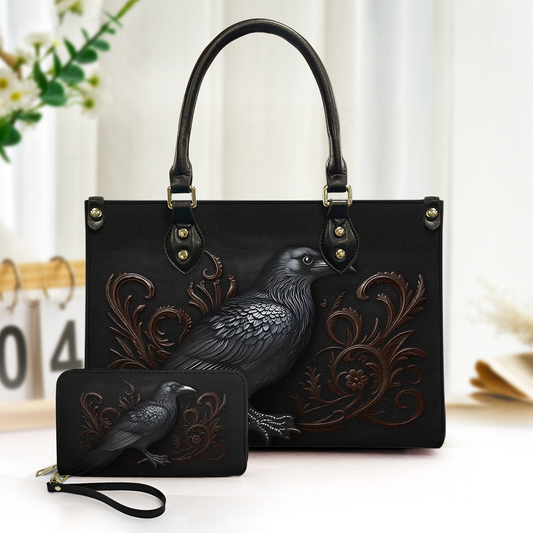 Edgar Allan Poe Raven Design Leather Handbag & Wallet Set