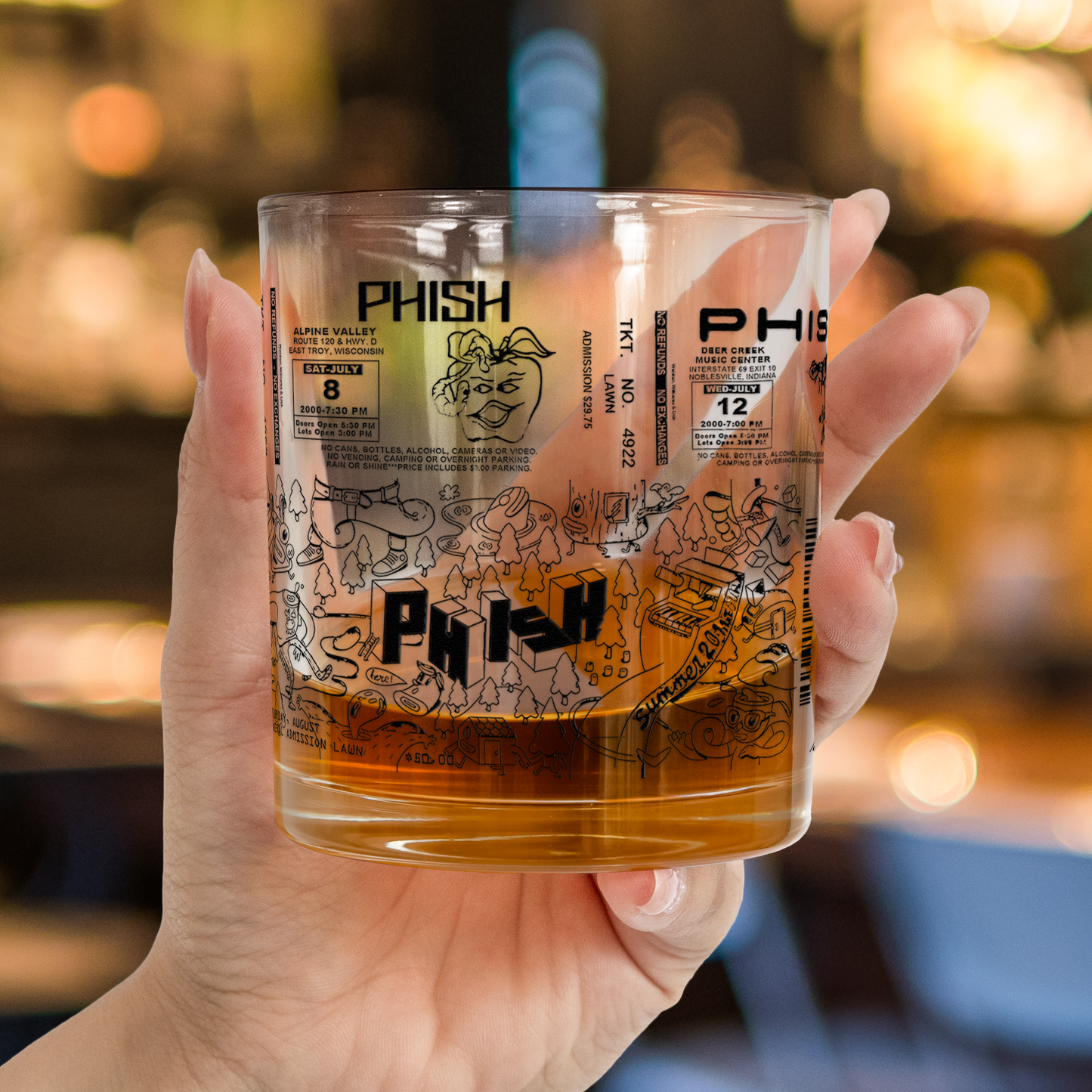 Phish Band Vintage Concert Ticket Printed Whiskey Glass - Multiple Designs Available Father's Day Gift (With Gift Box)