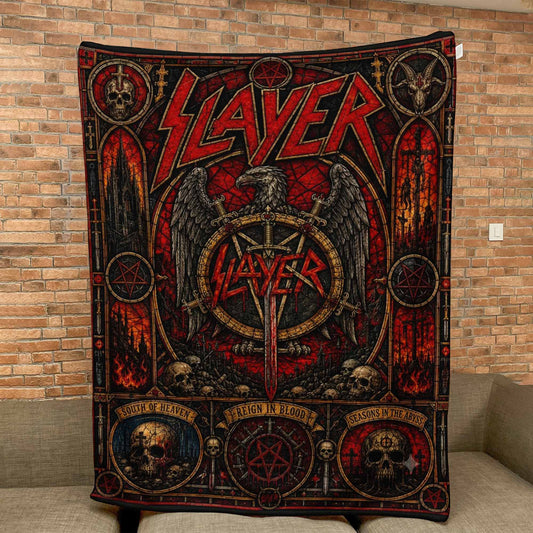 Slayer Band Sherpa Blanket – Reign In Blood Stained Glass Thrash Metal Throw Blanket