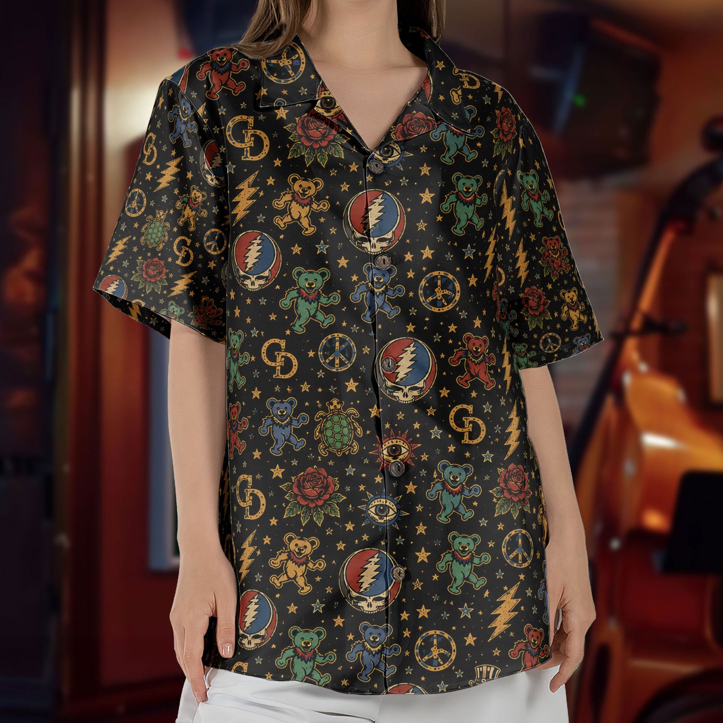 Grateful Dead Dancing Bears Stealie Lightning Bolt Terrapin Turtle Black Hawaiian Shirt – Retro Music Album Art Inspired Unisex Shirt