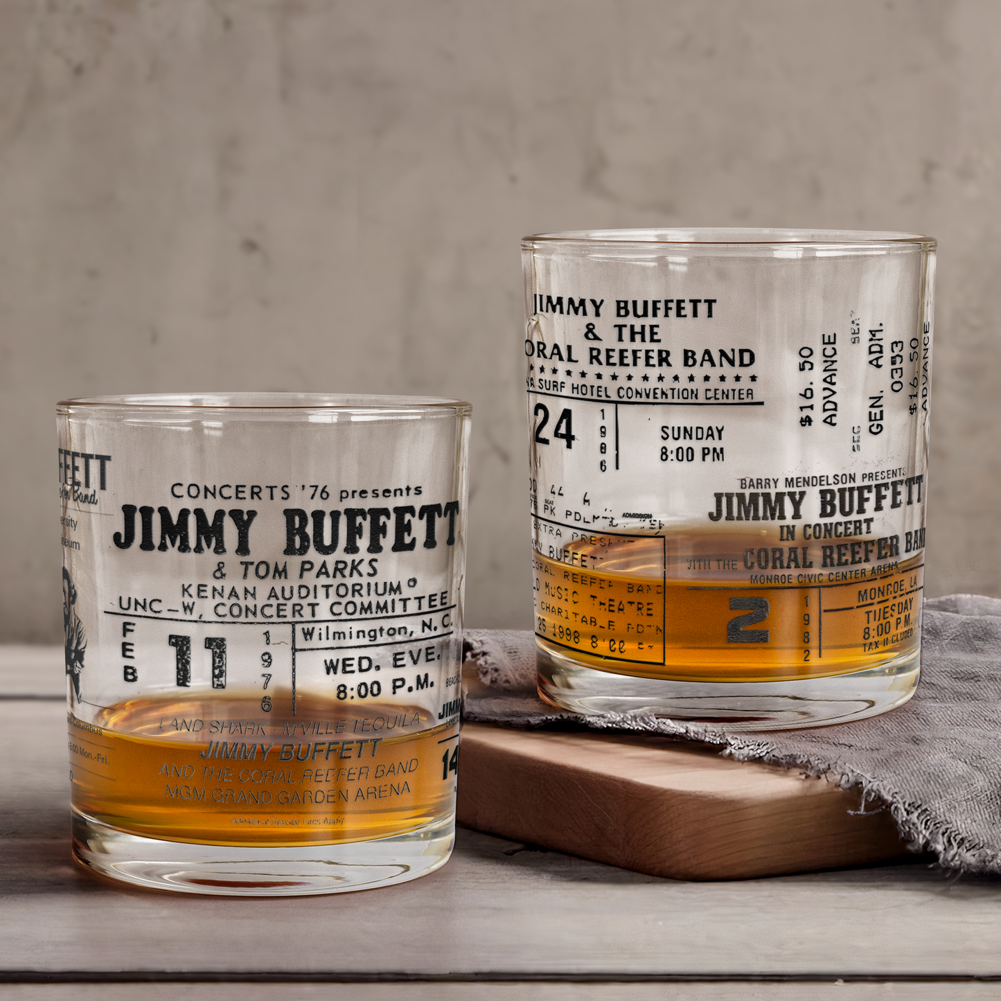 Jimmy Buffett Tickets Collection Printed Effect Whiskey Glass –  Vintage Design (With Gift Box)