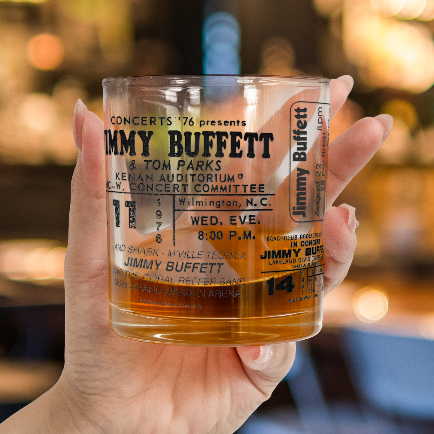 Jimmy Buffett Tickets Collection Printed Effect Whiskey Glass –  Vintage Design (With Gift Box)