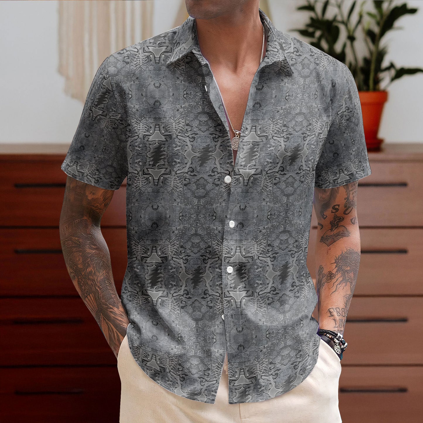 Grateful Dead Inspried Unisex Hawaiian Shirt – Psychedelic Skull All-Over Print Button-Up