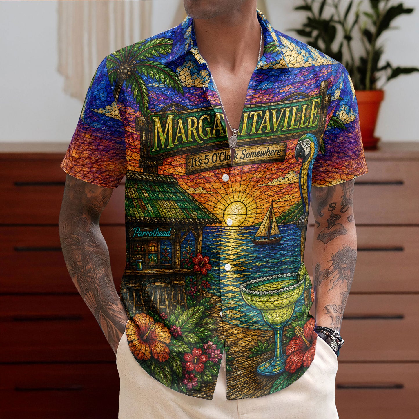 Jimmy Buffett Hawaiian Shirt - Unisex Margaritaville Stained Glass Summer Button Up
