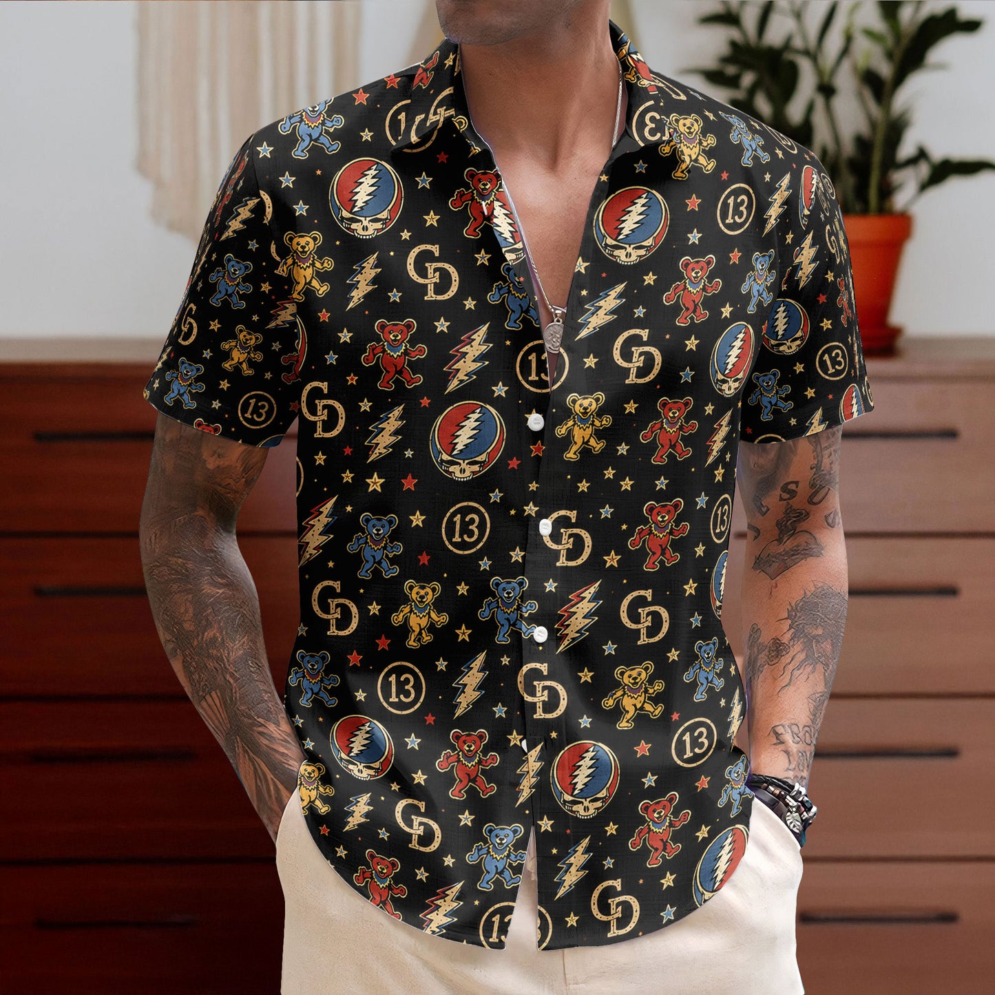 Grateful Dead Dancing Bears Deadhead Summer Nights Hawaiian Shirt – Retro Music Album Art Inspired Unisex Shirt