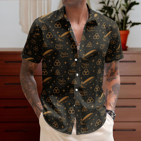 Led Zeppelin Four Symbols ZoSo Monogram Black Gold Hawaiian Shirt – Retro Music Album Art Inspired Unisex Shirt