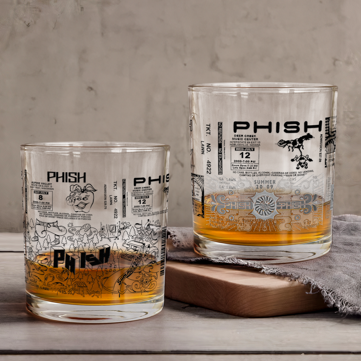 Phish Band Vintage Concert Ticket Printed Whiskey Glass - Multiple Designs Available Father's Day Gift (With Gift Box)