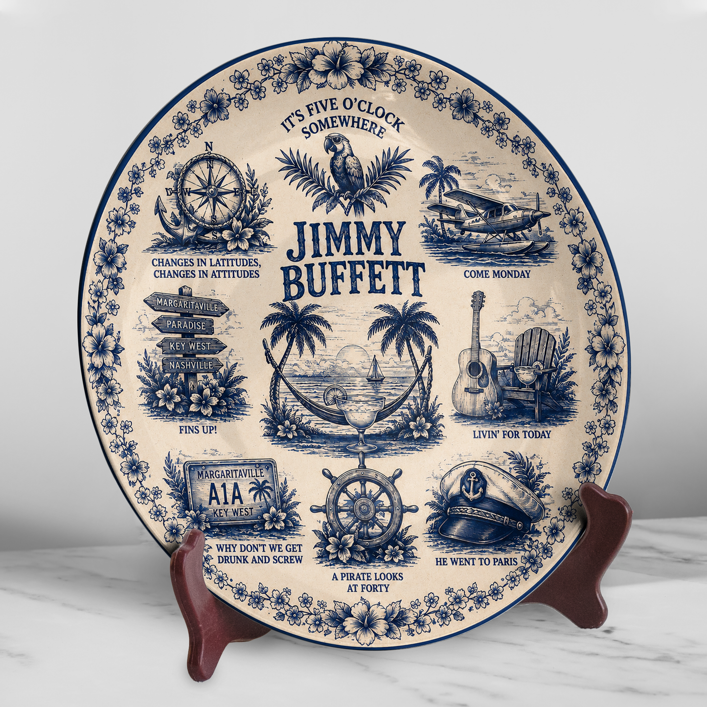 Jimmy Buffett Decorative Ceramic Plate – Margaritaville Collector Plate, Tropical Coastal Wall Art, Parrothead Fan Gift