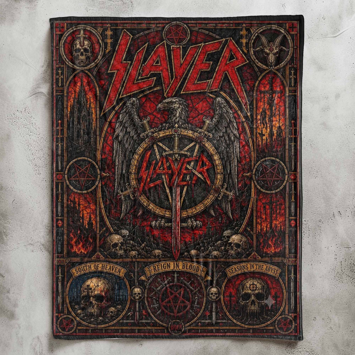 Slayer Band Sherpa Blanket – Reign In Blood Stained Glass Thrash Metal Throw Blanket
