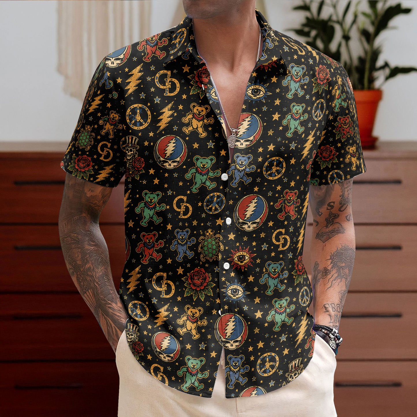Grateful Dead Dancing Bears Stealie Lightning Bolt Terrapin Turtle Black Hawaiian Shirt – Retro Music Album Art Inspired Unisex Shirt
