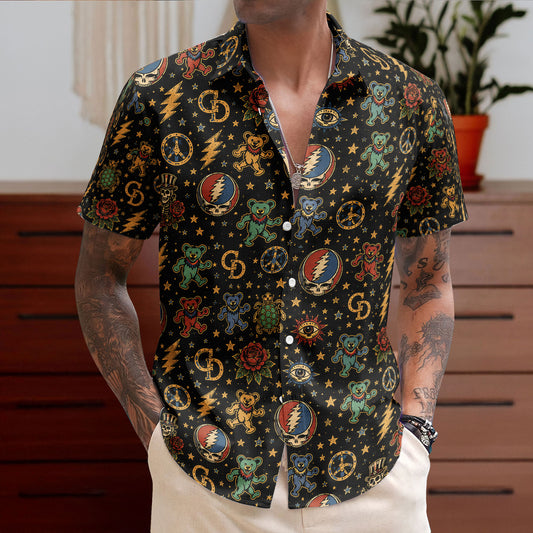 Grateful Dead Dancing Bears Stealie Lightning Bolt Terrapin Turtle Black Hawaiian Shirt – Retro Music Album Art Inspired Unisex Shirt