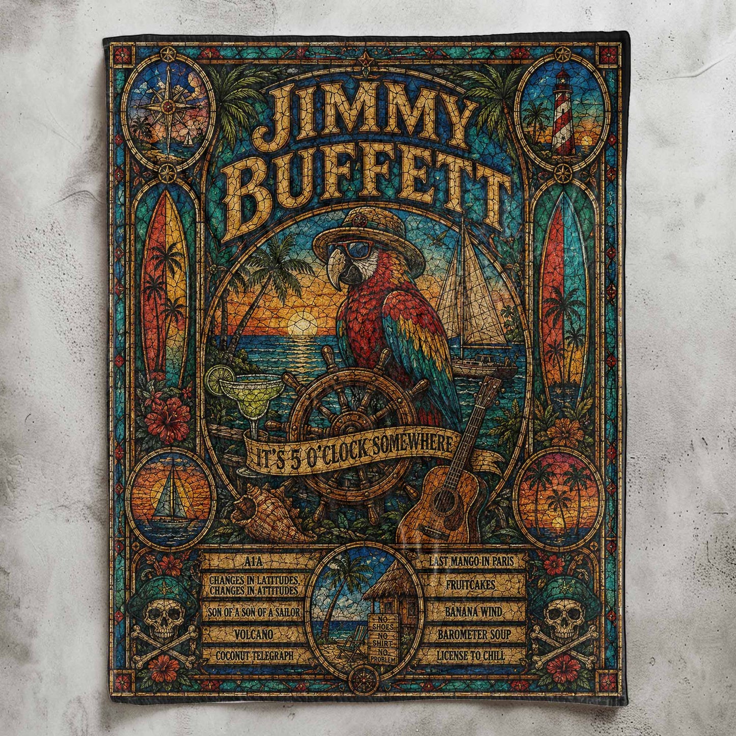 Jimmy Buffett Sherpa Blanket – Margaritaville Stained Glass Tropical Coastal Blanket