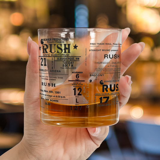 Rush Band Tickets Collection Printed Effect Whiskey Glass –  Vintage Design (With Gift Box)